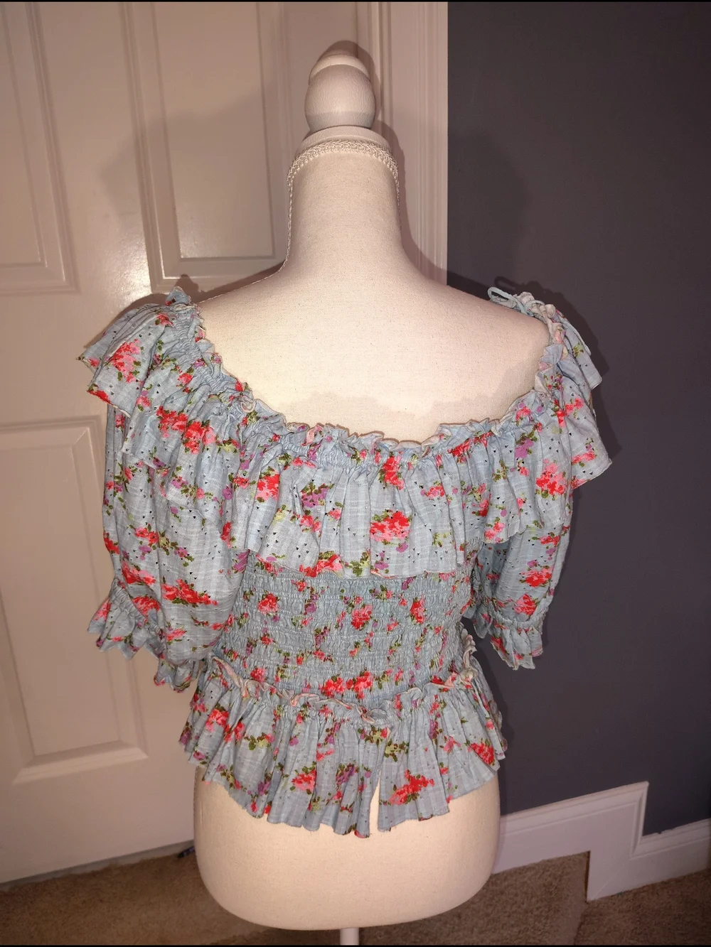 Free People Medium Candy Combo Floral Smocked Peplum Top -‎ Light Blue